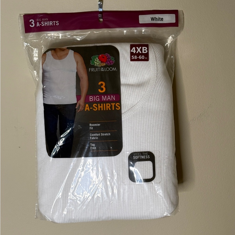 3 White Big Man 4XB 58-60 Inch A-Shirt Tanks Fruit Of The Loom
